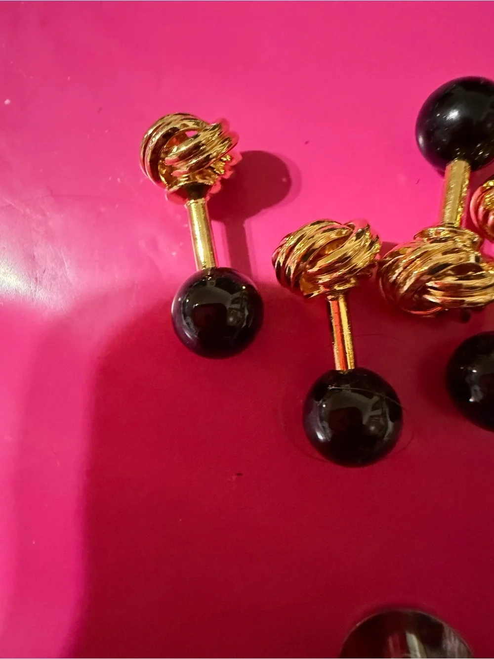 3 Sets (Lg & 2 Sm) Gold Tone Love Knot/Black Onyx Ball Cuff Links Saks Fifth Ave